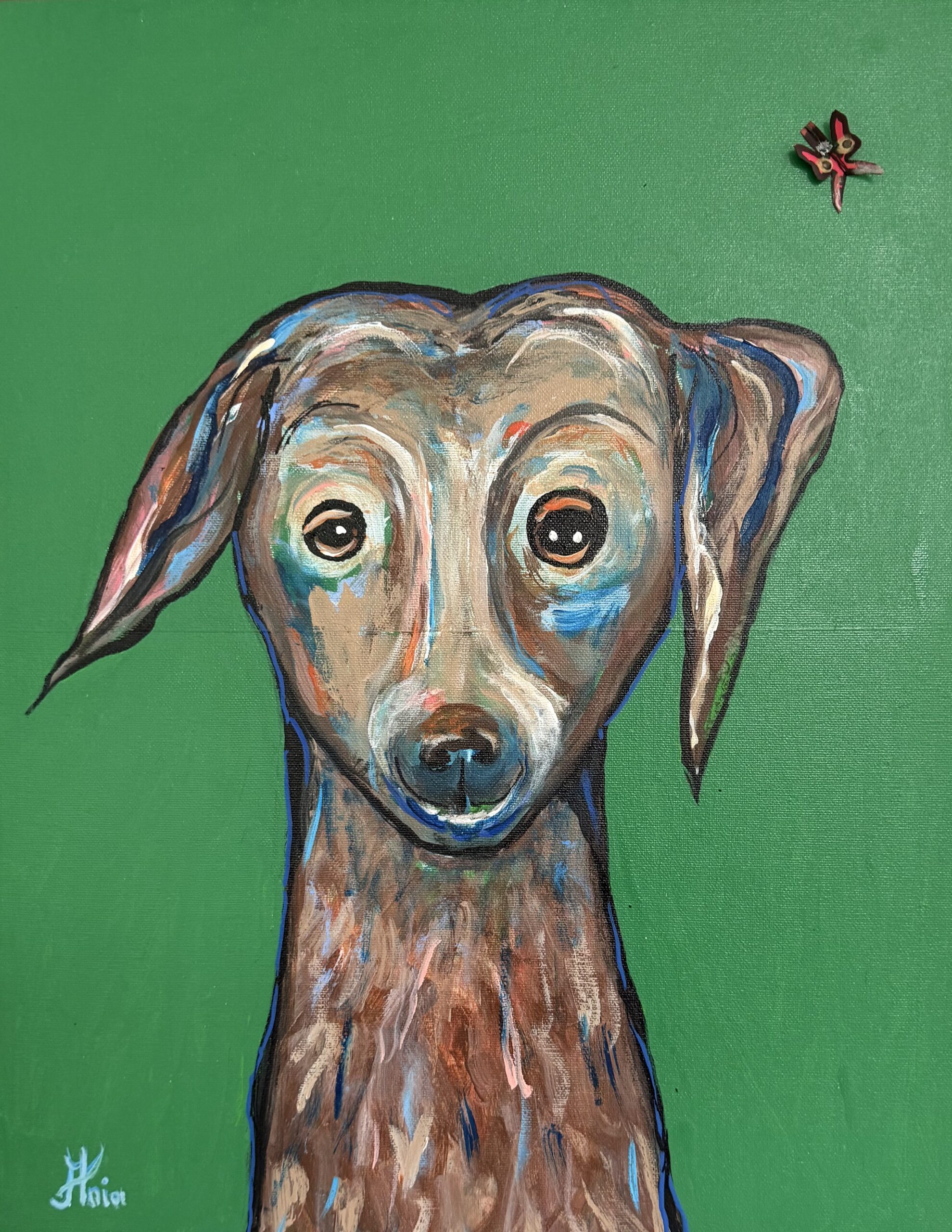 Painting : “ Murphy - Give me the treat already, will you please, I have been a good boy” , 16w x 20 H x 1 D inches, 2025, mixed media